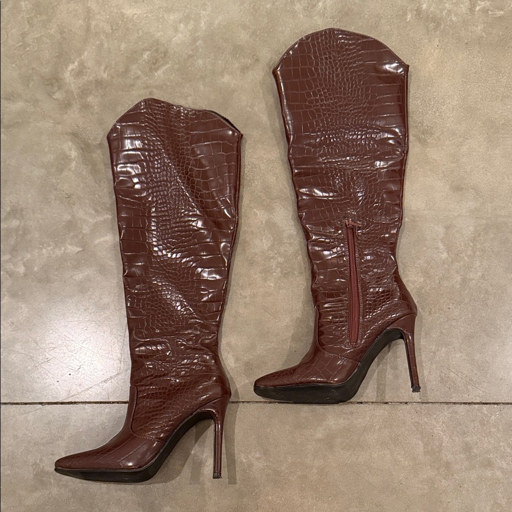4th and Reckless - Wine/Brown Croc-Embossed Knee-High Boots - Picture 1 of 6